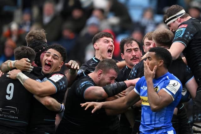 Glasgow Warriors celebrate after scoring a last minute try against Exeter which was later disallowed following a TMO review. (Photo by Harry Trump/Getty Images)
