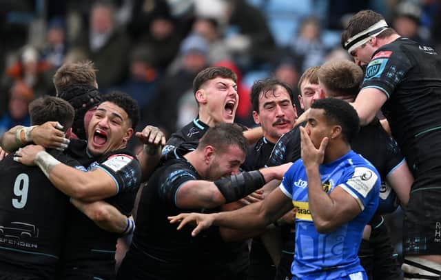 Glasgow Warriors celebrate after scoring a last minute try against Exeter which was later disallowed following a TMO review. (Photo by Harry Trump/Getty Images)