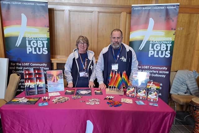 Iain Campbell with a member of LGBTPlus's outreach team Gillian at a conference in Dumfries (pic: LGBTPlus)
