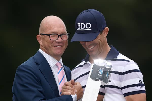 Guy Kinnings, CEO of the DP World Tour, congratulates Billy Horschel after the American's win in the BMW PGA Championship at Wentworth Club on Sunday. Picture: Richard Heathcote/Getty Images.