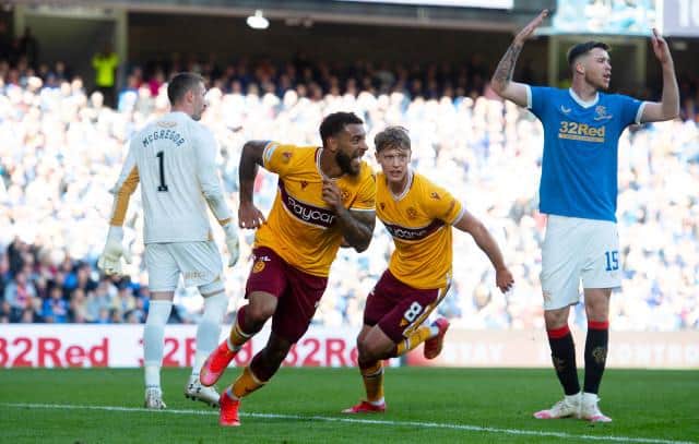 Rangers defender Jack Simpson (right) throws up his hands in despair after Kaiyne Woolery scored Motherwell's equaliser in the 1-1 draw at Ibrox on Sunday. (Photo by Craig Foy / SNS Group)