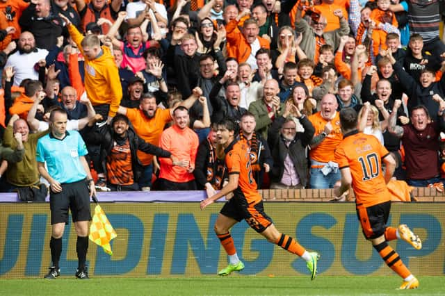 Ian Harkes celebrates his goal that won the derby for Dundee United at Tannadice.