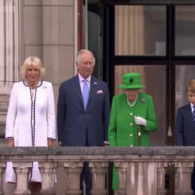 The Queen takes to the balcony at Buckingham Palace along with her family at the end of the Platinum Jubilee pageant. Picture: BBC