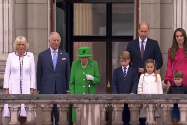 The Queen takes to the balcony at Buckingham Palace along with her family at the end of the Platinum Jubilee pageant. Picture: BBC