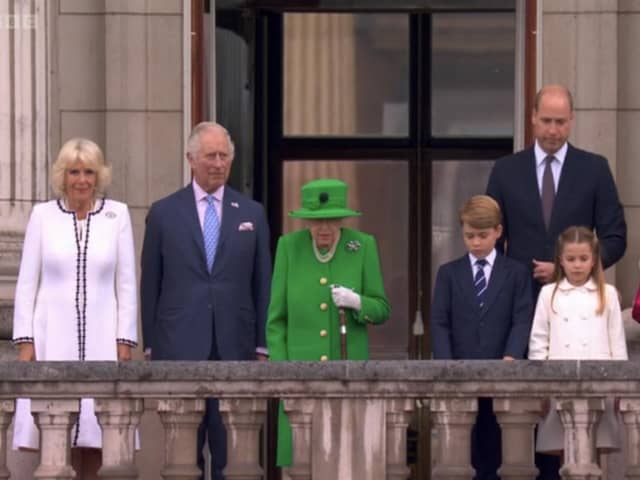 The Queen takes to the balcony at Buckingham Palace along with her family at the end of the Platinum Jubilee pageant. Picture: BBC