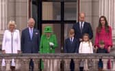 The Queen takes to the balcony at Buckingham Palace along with her family at the end of the Platinum Jubilee pageant. Picture: BBC