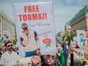 Protesters in Berlin call for Iranian rapper Toomaj Salehi, sentenced to death for mocking the Iranian regime in his songs and supporting the popular protests against them, to be freed (Picture: Babak Bordbar/Middle East Images/AFP via Getty Images)