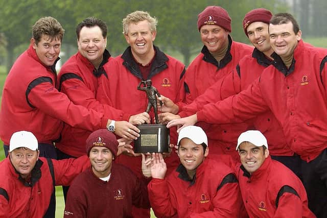 Andrew Oldcorn, back row second left, with the other members of the victorious  Great Britain & Europe team in the 2002 Seve Trophy at Druids Glen in Ireland. Picture: Ross Kinnaird/Getty Images.