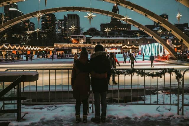 Couple at a city ice rink