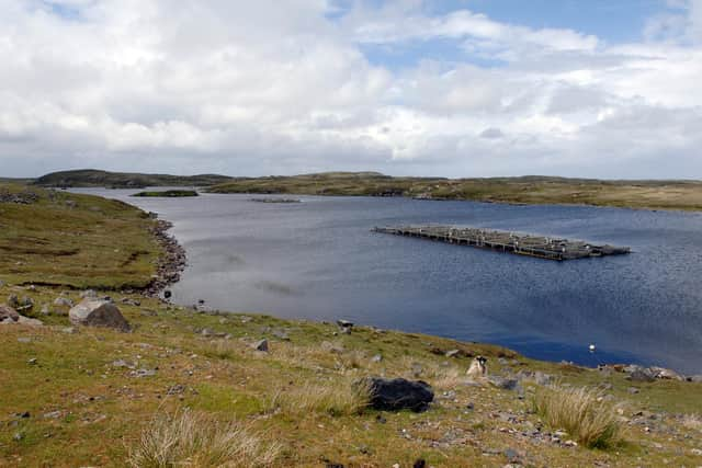 A fish farm on the west coast of the Isle of Harris.