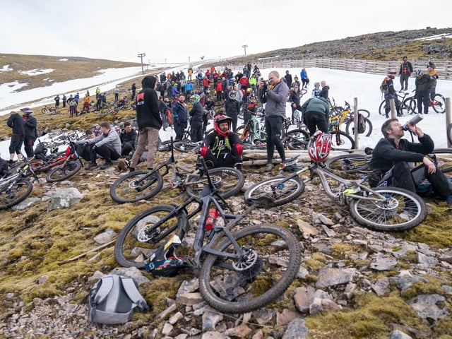Cyclists wait near the start line before competing in MacAvalanche. Jane Barlow/PA Wire