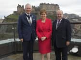 Lord Mayor of London Nicholas Lyons, Nicola Sturgeon and Chris Hayward, policy chairman at the City of London Corporation, pictured in Edinburgh.