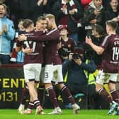 Hearts' Kenneth Vargas celebrates with team-mates after scoring against Motherwell.