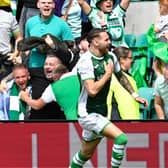 EDINBURGH, SCOTLAND - AUGUST 07: Martin Boyle celebrates making it 1-1 during a cinch Premiership match between Hibernian and Heart of Midlothian at Easter Road, on August 07, 2022, in Edinburgh, Scotland.  (Photo by Rob Casey / SNS Group)