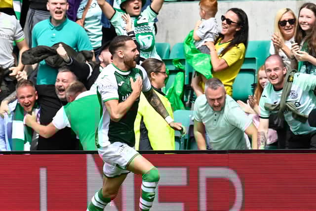 EDINBURGH, SCOTLAND - AUGUST 07: Martin Boyle celebrates making it 1-1 during a cinch Premiership match between Hibernian and Heart of Midlothian at Easter Road, on August 07, 2022, in Edinburgh, Scotland. (Photo by Rob Casey / SNS Group)