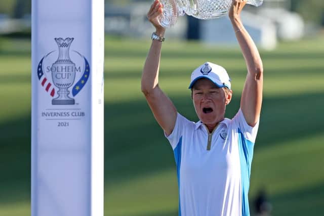Catriona Matthew lifts aloft the Solheim Cup after leading Europe to a second successive win the US at the Inverness Club in Toledo, Ohio, in 2021. Picture: Gregory Shamus/Getty Images.