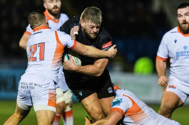 Warriors' Oli Kebble (right) and Edinburgh's Ben Vellacott in action during the 1872 Cup first leg at Scotstoun.  (Photo by Craig Williamson / SNS Group)