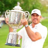 Brooks Koepka shows off the Wanamaker Trophy after winning the 105th PGA Championship at Oak Hill Country Club in Rochester, New York. Picture: Kevin C. Cox/Getty Images.