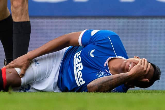 Rangers' Alfredo Morelos goes down with an injury.