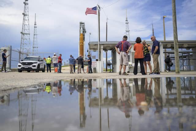 NASA's Space Launch System (SLS) rocket with the Orion spacecraft aboard is seen atop a mobile launcher at Launch Pad 39B as preparations for launch continue at NASA's Kennedy Space Center on August 28, 2022