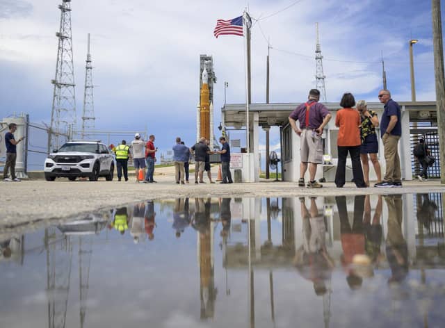 NASA's Space Launch System (SLS) rocket with the Orion spacecraft aboard is seen atop a mobile launcher at Launch Pad 39B as preparations for launch continue at NASA's Kennedy Space Center on August 28, 2022