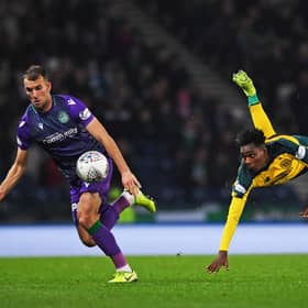 Hibs striker Christian Doidge attempts to get the better of Celtic's Jeremie Frimpong during last season's Betfred Cup semi final at Hampden. Photo by Craig Williamson / SNS Group