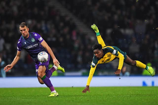 Hibs striker Christian Doidge attempts to get the better of Celtic's Jeremie Frimpong during last season's Betfred Cup semi final at Hampden. Photo by Craig Williamson / SNS Group