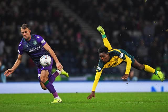 Hibs striker Christian Doidge attempts to get the better of Celtic's Jeremie Frimpong during last season's Betfred Cup semi final at Hampden. Photo by Craig Williamson / SNS Group