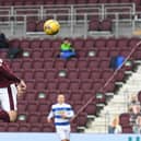 Hearts' Jamie Walker scores with a textbook header in the 1-1 draw with Morton on Saturday. It was the winger's 50th goal for the club (Photo by Ross MacDonald / SNS Group)