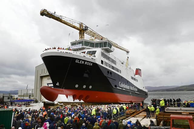 The launch of the MV Glen Rosa at the Ferguson Marine shipyard.