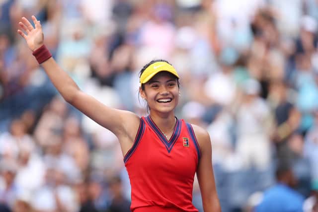 Emma Raducanu celebrates after defeating Shelby Rogers to reach the quarter-finals of the US Open (Photo by Matthew Stockman/Getty Images)