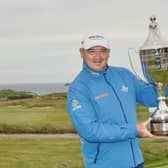Paul Lawrie gets his hands on the trophy after winnng the European Legends Links Championship hosted by Ian Woosnam at Trevose in Cornwall. Picture: Phil Inglis/Getty Images