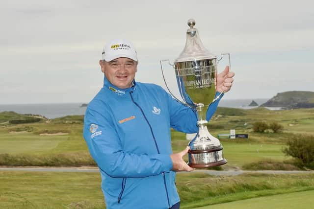 Paul Lawrie gets his hands on the trophy after winnng the European Legends Links Championship hosted by Ian Woosnam at Trevose in Cornwall. Picture: Phil Inglis/Getty Images