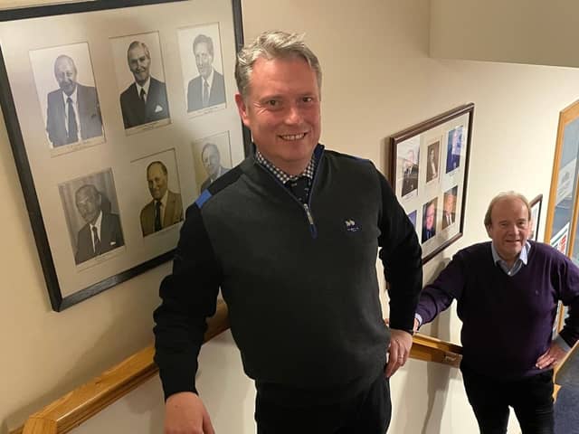 Stuart Wilson, the Great Britain & Ireland men's captain, started a new job this week as the managing secretary at Blairgowrie and was welcomed by club captain James Macfarlane. Picture: Bannerman Media
