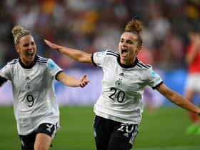 Lina Magull of Germany celebrates after opening the scoring against Austria. (Photo by Mike Hewitt/Getty Images)