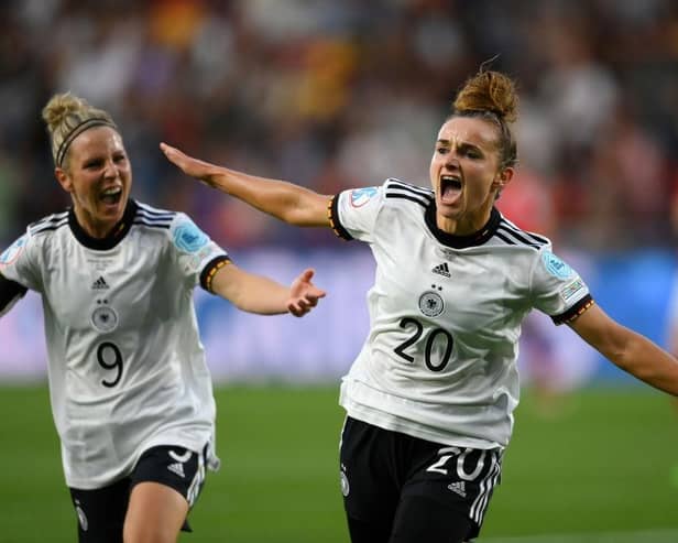 Lina Magull of Germany celebrates after opening the scoring against Austria. (Photo by Mike Hewitt/Getty Images)