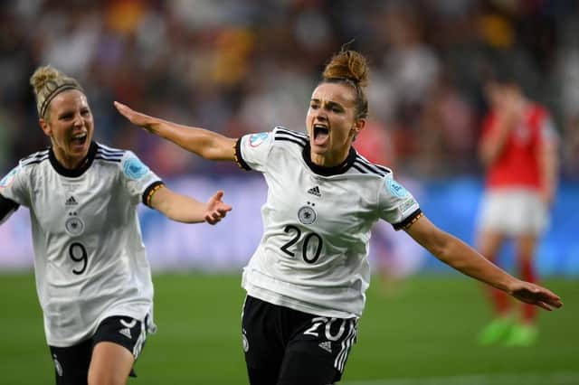 Lina Magull of Germany celebrates after opening the scoring against Austria. (Photo by Mike Hewitt/Getty Images)