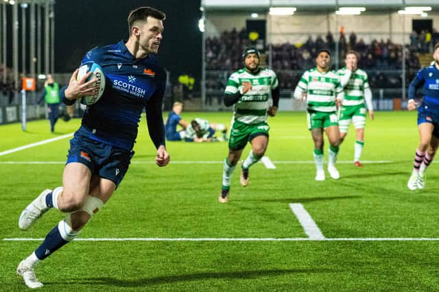 Blair Kinghorn scores the second of his two tries in Edinburgh's 24-22 loss to Benetton in the BKT United Rugby Championship. It was his final home game before he joins Toulouse. (Photo by Paul Devlin / SNS Group)