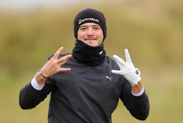 Ewen Ferguson gestures on the 18th hole during the first round of the Scottish Championship presented by AXA at Fairmont St Andrews. Picture: Richard Heathcote/Getty Images