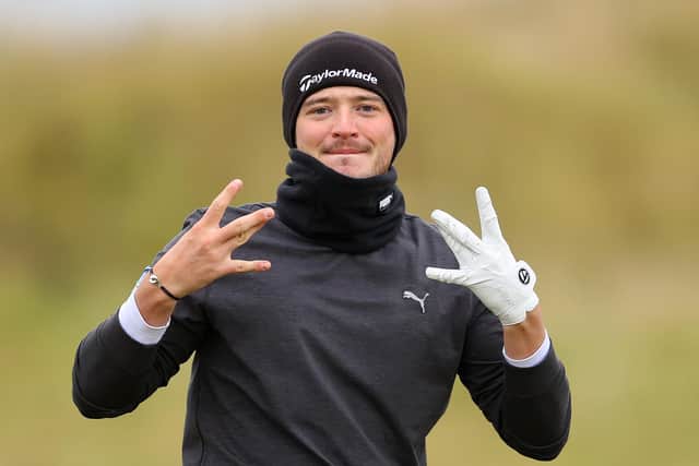 Ewen Ferguson gestures on the 18th hole during the first round of the Scottish Championship presented by AXA at Fairmont St Andrews. Picture: Richard Heathcote/Getty Images