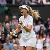 Katie Boulter celebrates a point against Karolina Pliskova during her second-round victory at Wimbledon. (Photo by Justin Setterfield/Getty Images)