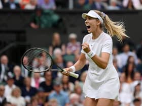 Katie Boulter celebrates a point against Karolina Pliskova during her second-round victory at Wimbledon. (Photo by Justin Setterfield/Getty Images)