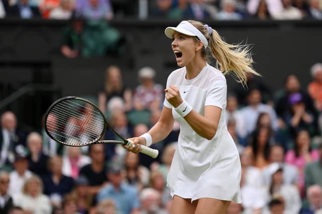 Katie Boulter celebrates a point against Karolina Pliskova during her second-round victory at Wimbledon. (Photo by Justin Setterfield/Getty Images)