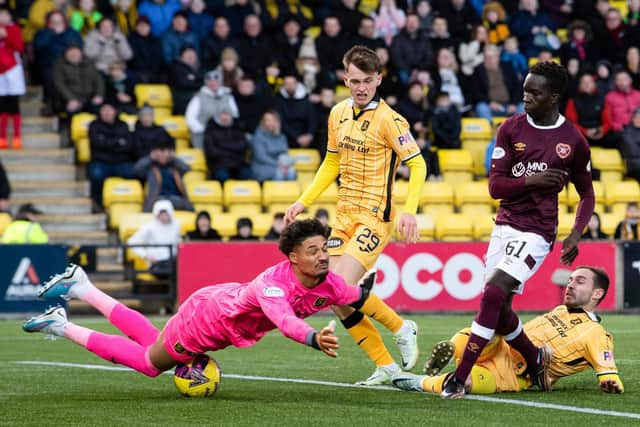 Hearts' Garang Kuol has a shot at goal saved by Livingston's Shamal George during the 0-0 draw.