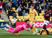 Hearts' Garang Kuol has a shot at goal saved by Livingston's Shamal George during the 0-0 draw.