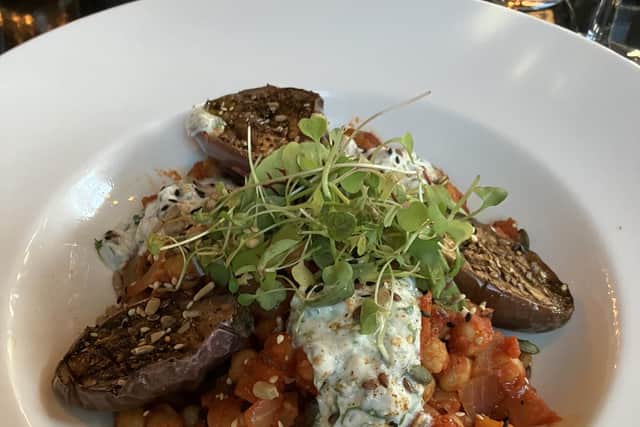 Grilled aubergine and crunchy chickpea casserole with soya yoghurt and spiced seeds in RAILS restaurant & Little Bar at Great Northern Hotel.  Pic: J Christie