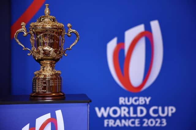 The Rugby World Cup trophy, the Webb Ellis Cup, on display during the tournament opening conference in Paris, France. (Photo by ANNE-CHRISTINE POUJOULAT/AFP via Getty Images)