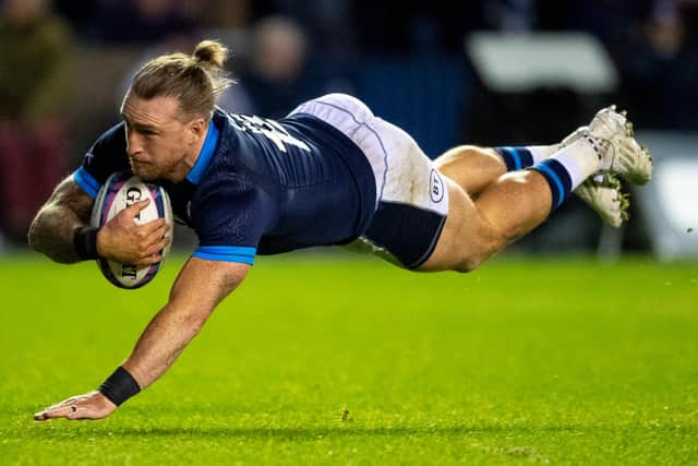 Hogg scores a try during an Autumn Nations Series match between Scotland and Argentina back in November.