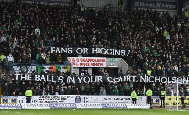 Celtic fans protest against Bernard Higgins during the cinch Premiership match between Dundee and Celtic at the Kilmac Stadium at Dens Park, on November 07, 2021, in Dundee, Scotland. (Photo by Ross MacDonald / SNS Group)