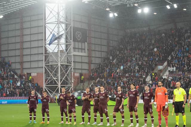 Hearts players line up before their opening Europa Conference League group game against Istanbul Basaksehir at Tynecastle (Photo by Paul Devlin / SNS Group)